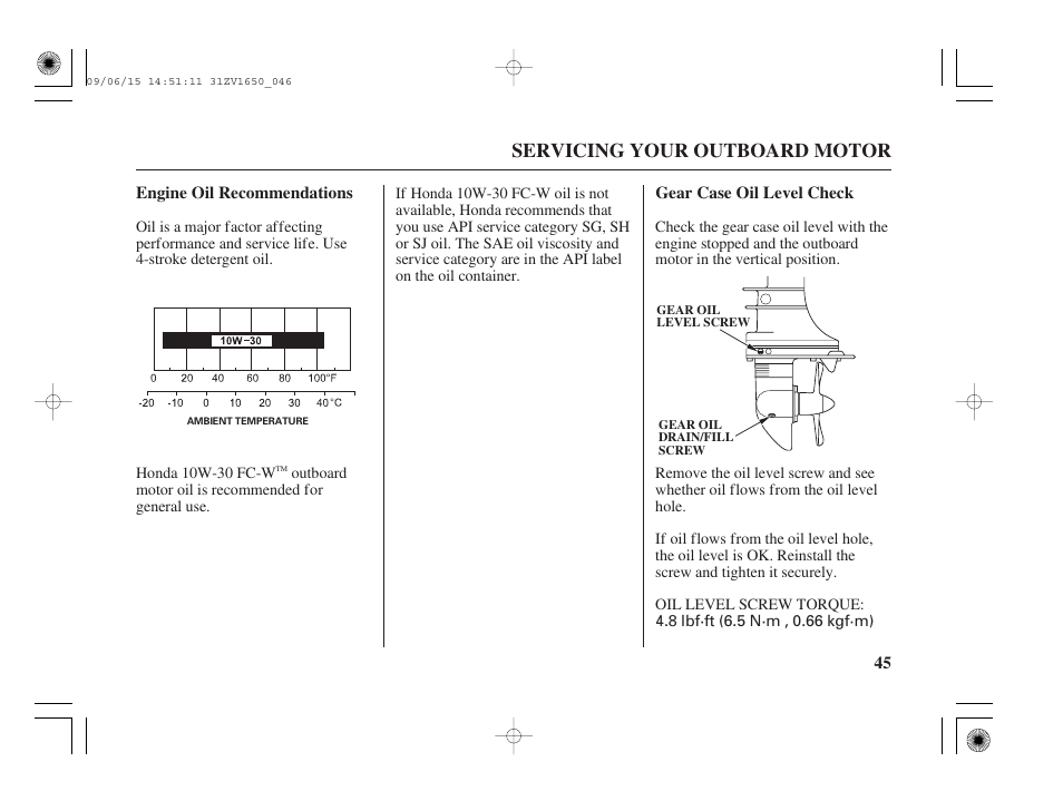 Engine oil recommendations, Gear case oil level check, Servicing your outboard motor | HONDA BF5A User Manual | Page 47 / 99