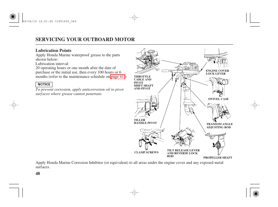 Lubrication points, Servicing your outboard motor | HONDA BF5A User Manual | Page 50 / 99