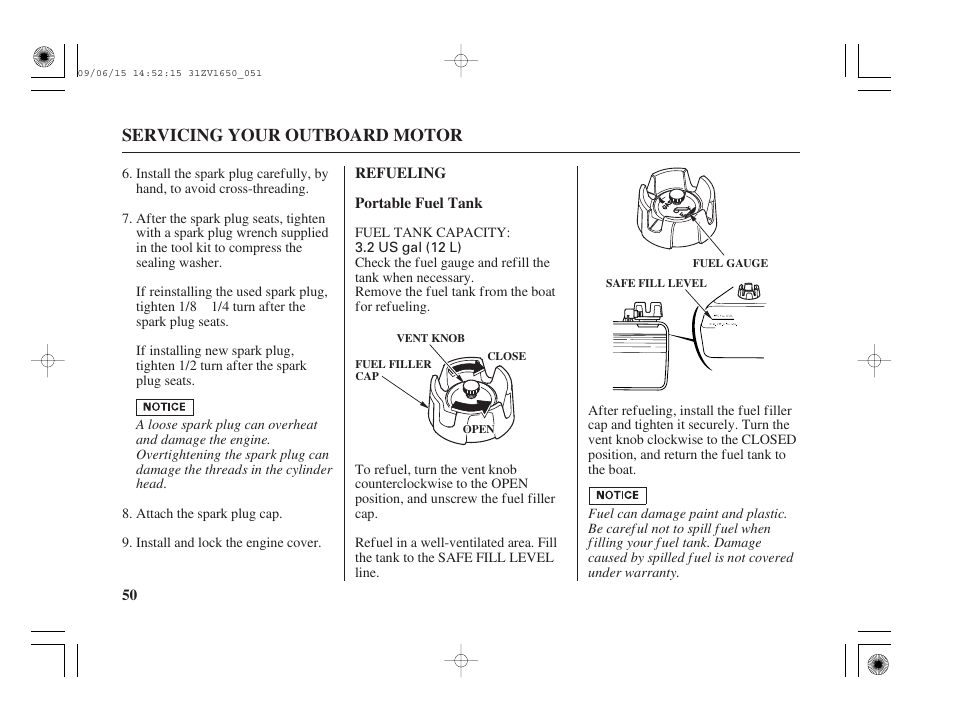 Refueling, Servicing your outboard motor | HONDA BF5A User Manual | Page 52 / 99