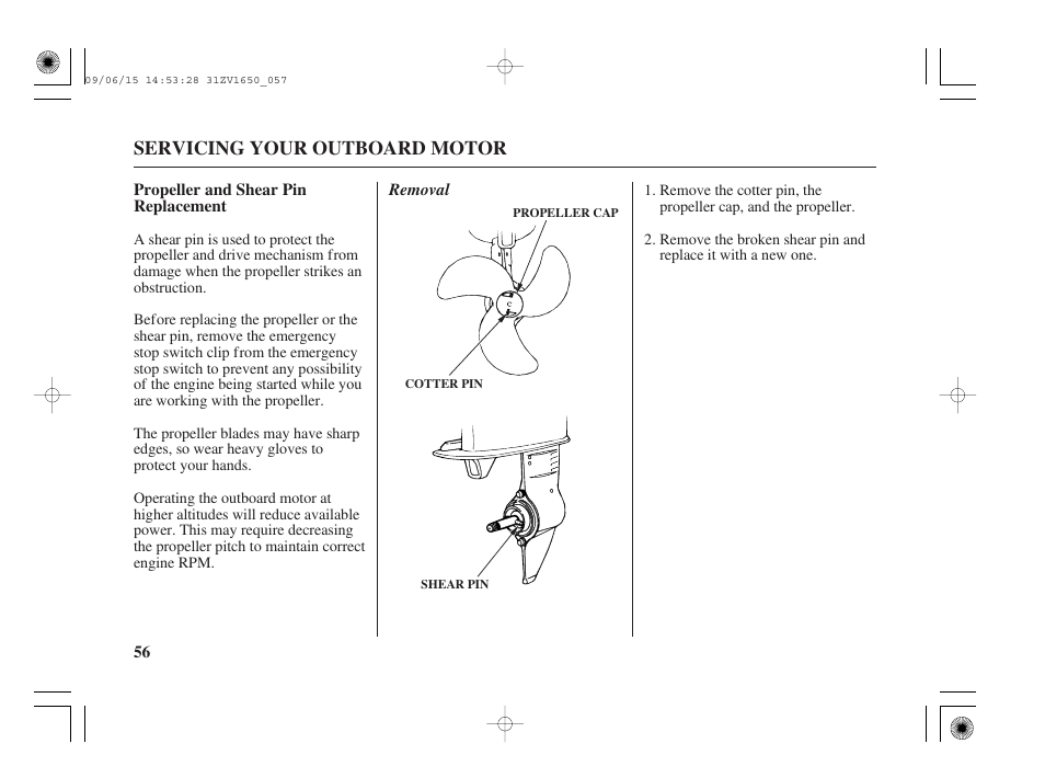 Propeller and shear pin replacement | HONDA BF5A User Manual | Page 58 / 99
