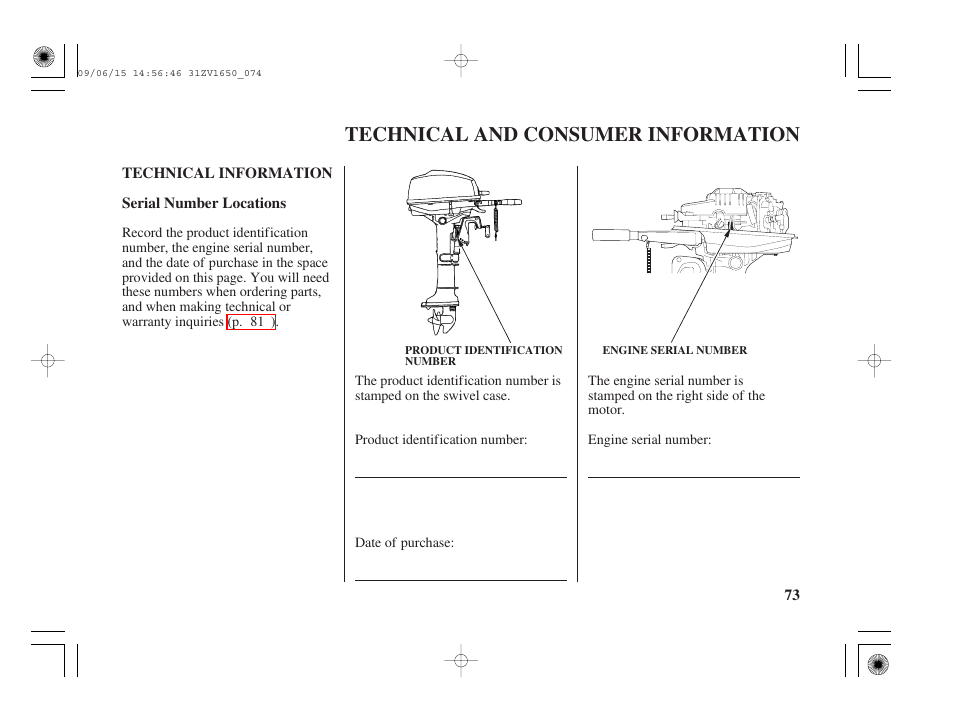 Technical and consumer information, Technical information, Serial number locations | Technical and consumer information . 73 | HONDA BF5A User Manual | Page 75 / 99