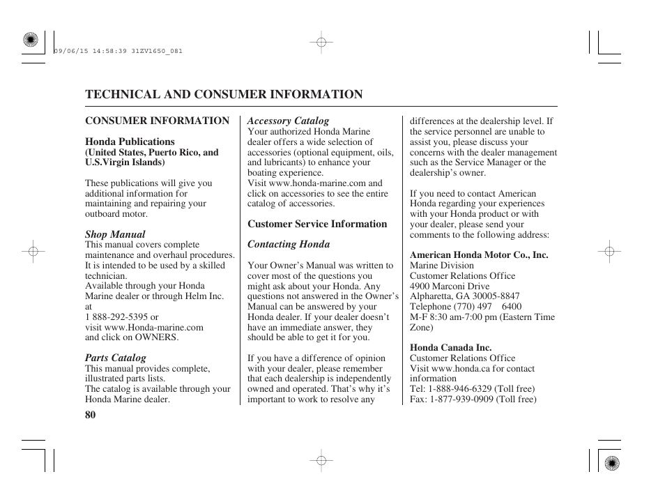 Consumer information, Honda publications, Customer service information | HONDA BF5A User Manual | Page 82 / 99
