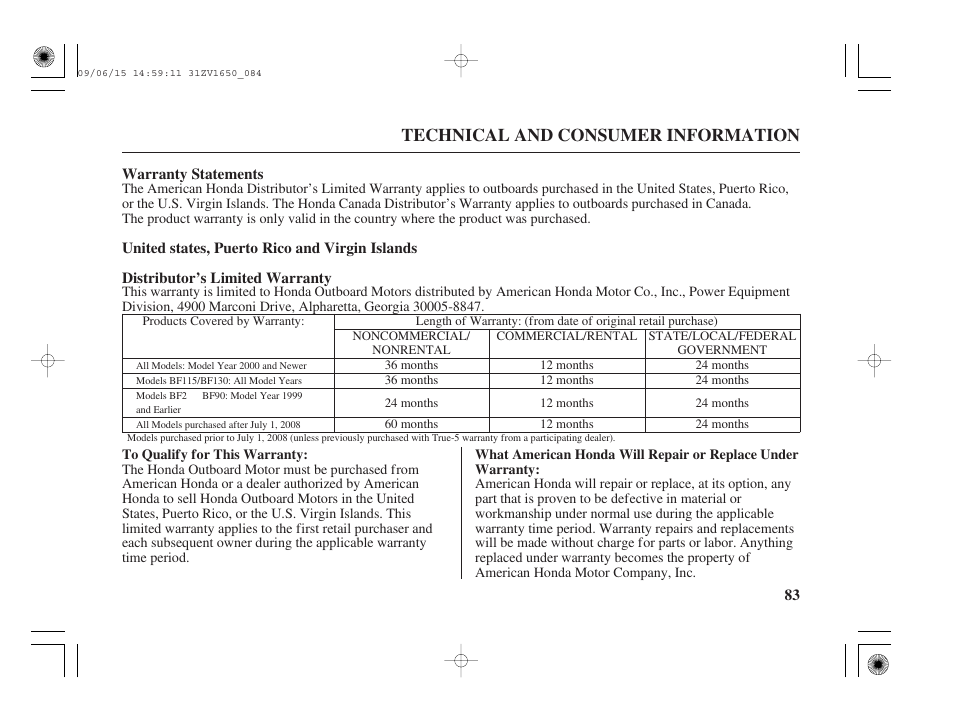 Distributor's limited warranty, Technical and consumer information | HONDA BF5A User Manual | Page 85 / 99