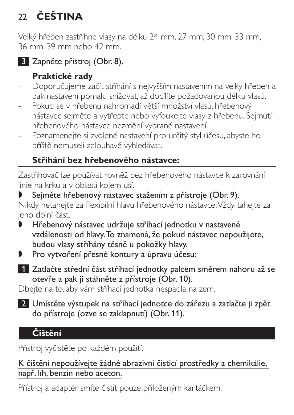 Praktické rady, Stříhání bez hřebenového nástavce, Čištění | Philips QC 5070 User Manual | Page 22 / 112