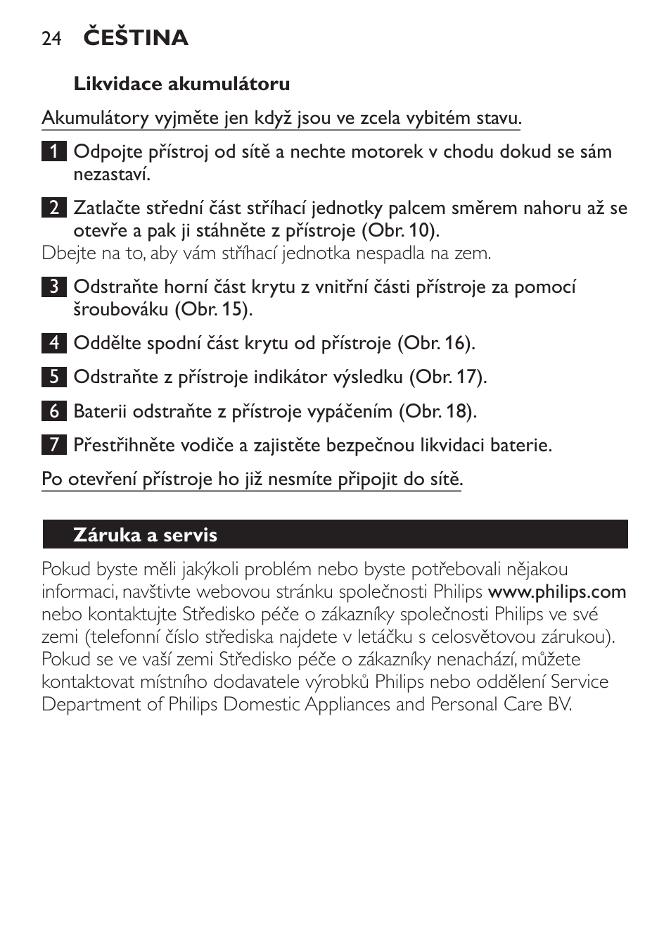 Likvidace akumulátoru, Záruka a servis | Philips QC 5070 User Manual | Page 24 / 112