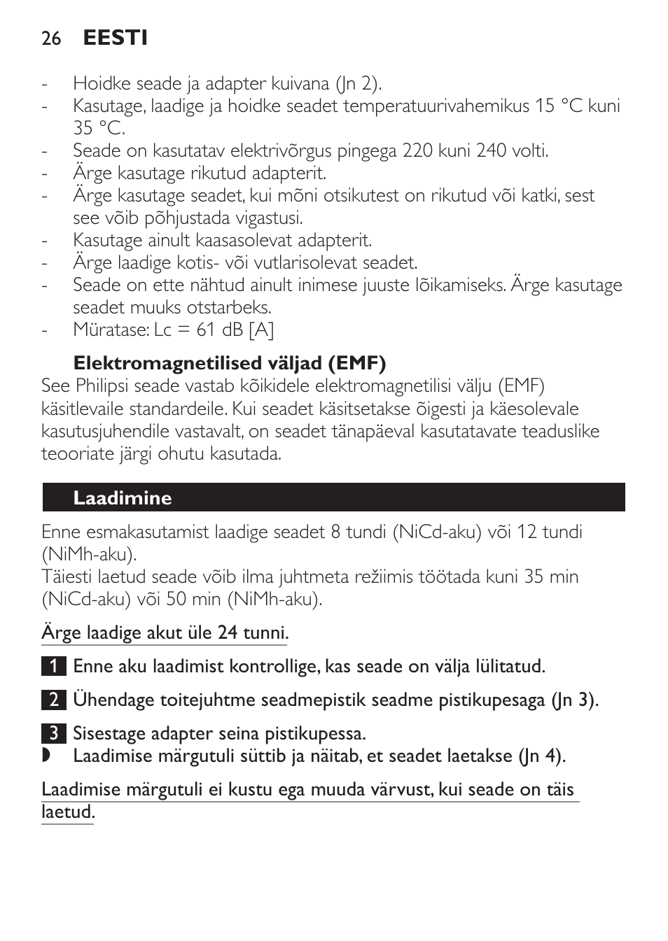 Elektromagnetilised väljad (emf), Laadimine | Philips QC 5070 User Manual | Page 26 / 112