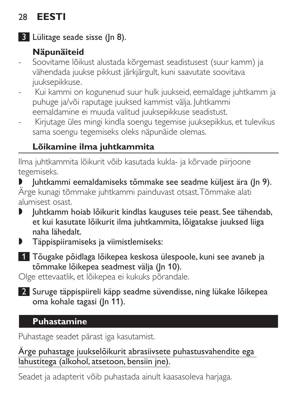 Näpunäiteid, Lõikamine ilma juhtkammita, Puhastamine | Philips QC 5070 User Manual | Page 28 / 112