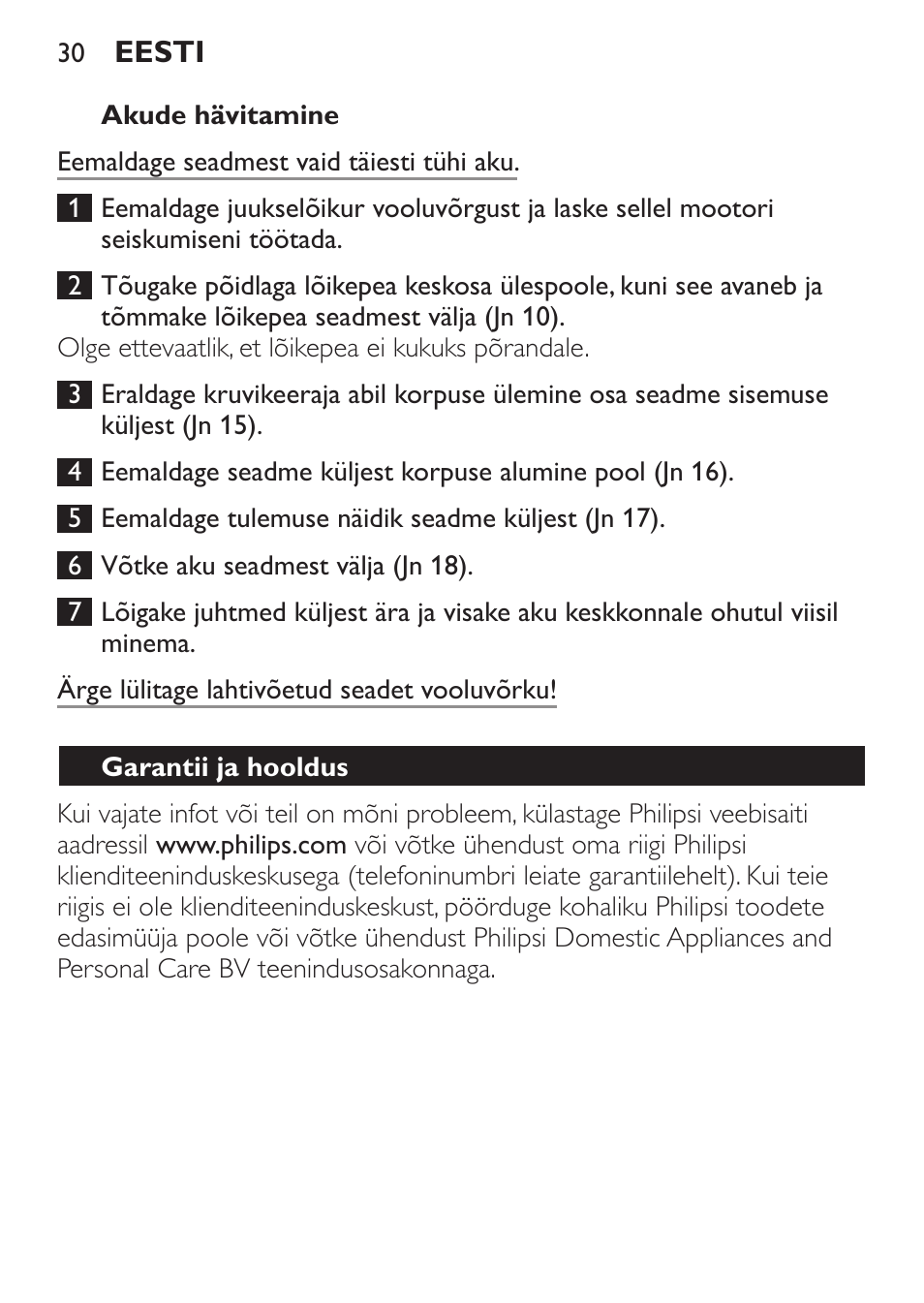 Akude hävitamine, Garantii ja hooldus | Philips QC 5070 User Manual | Page 30 / 112