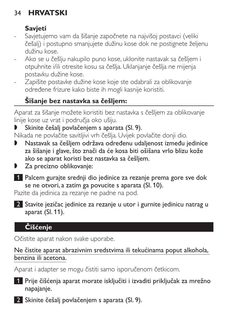 Savjeti, Šišanje bez nastavka sa češljem, Čišćenje | Philips QC 5070 User Manual | Page 34 / 112