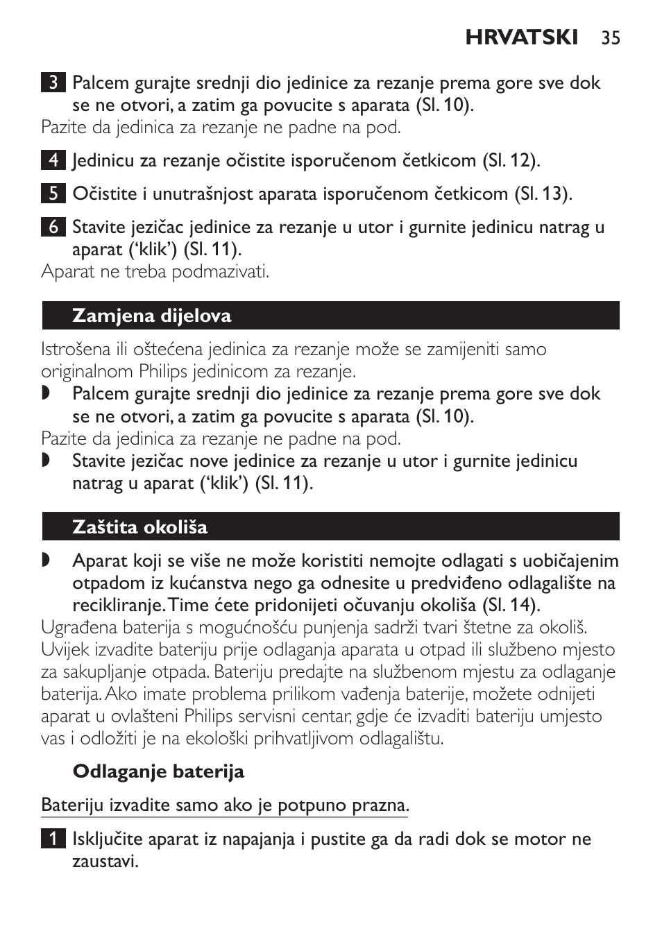 Odlaganje baterija, Zamjena dijelova, Zaštita okoliša | Philips QC 5070 User Manual | Page 35 / 112