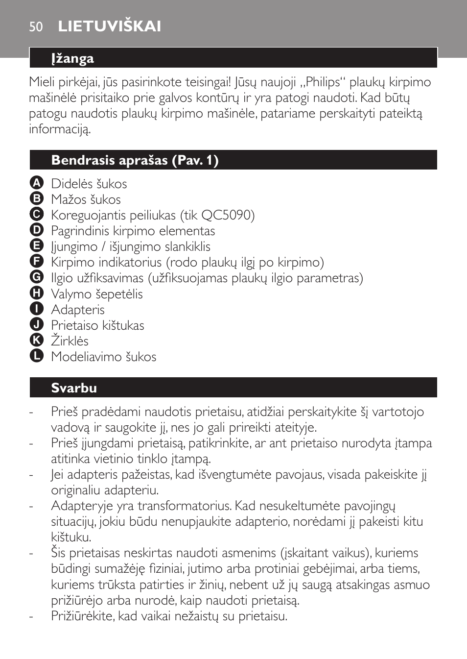 Lietuviškai, Įžanga, Bendrasis aprašas (pav. 1) | Svarbu | Philips QC 5070 User Manual | Page 50 / 112