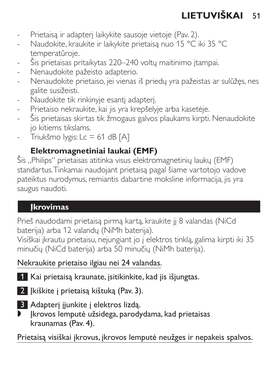 Elektromagnetiniai laukai (emf), Įkrovimas | Philips QC 5070 User Manual | Page 51 / 112