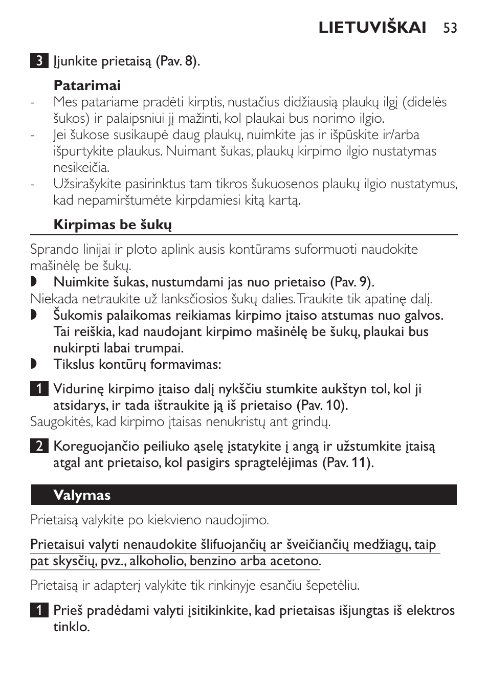 Patarimai, Kirpimas be šukų, Valymas | Philips QC 5070 User Manual | Page 53 / 112