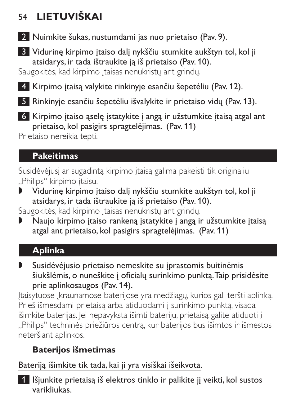 Baterijos išmetimas, Pakeitimas, Aplinka | Philips QC 5070 User Manual | Page 54 / 112