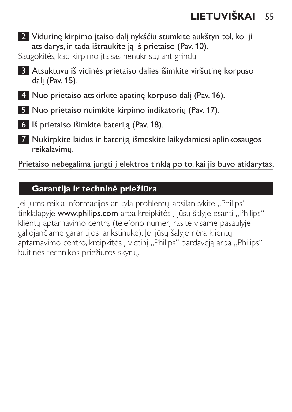 Garantija ir techninė priežiūra | Philips QC 5070 User Manual | Page 55 / 112