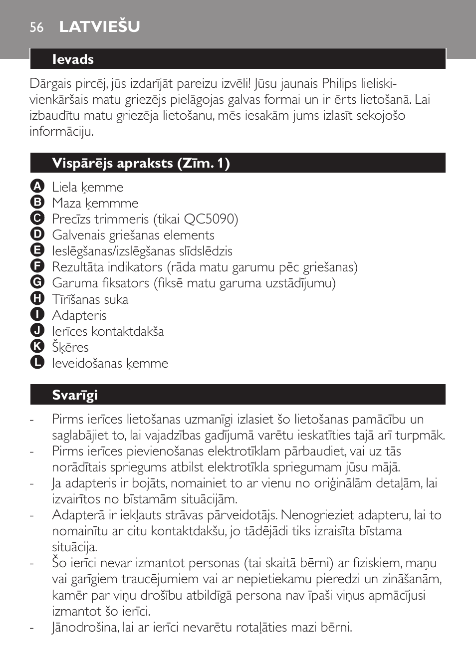 Latviešu, Ievads, Vispārējs apraksts (zīm. 1) | Svarīgi | Philips QC 5070 User Manual | Page 56 / 112