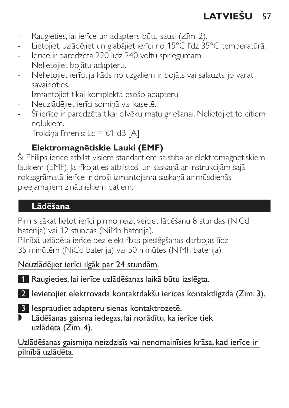 Elektromagnētiskie lauki (emf), Lādēšana | Philips QC 5070 User Manual | Page 57 / 112