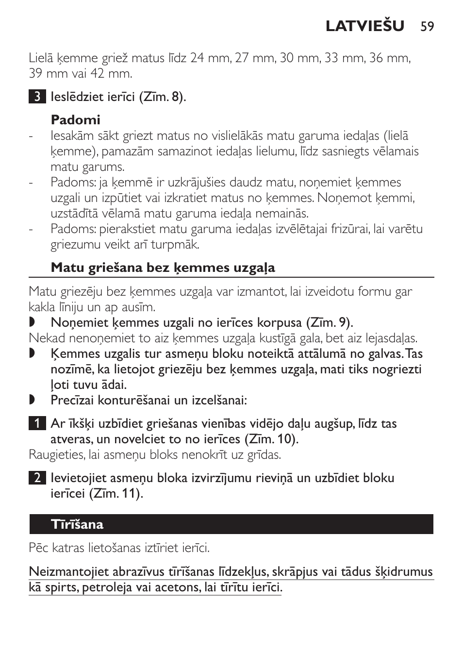 Padomi, Matu griešana bez ķemmes uzgaļa, Tīrīšana | Philips QC 5070 User Manual | Page 59 / 112