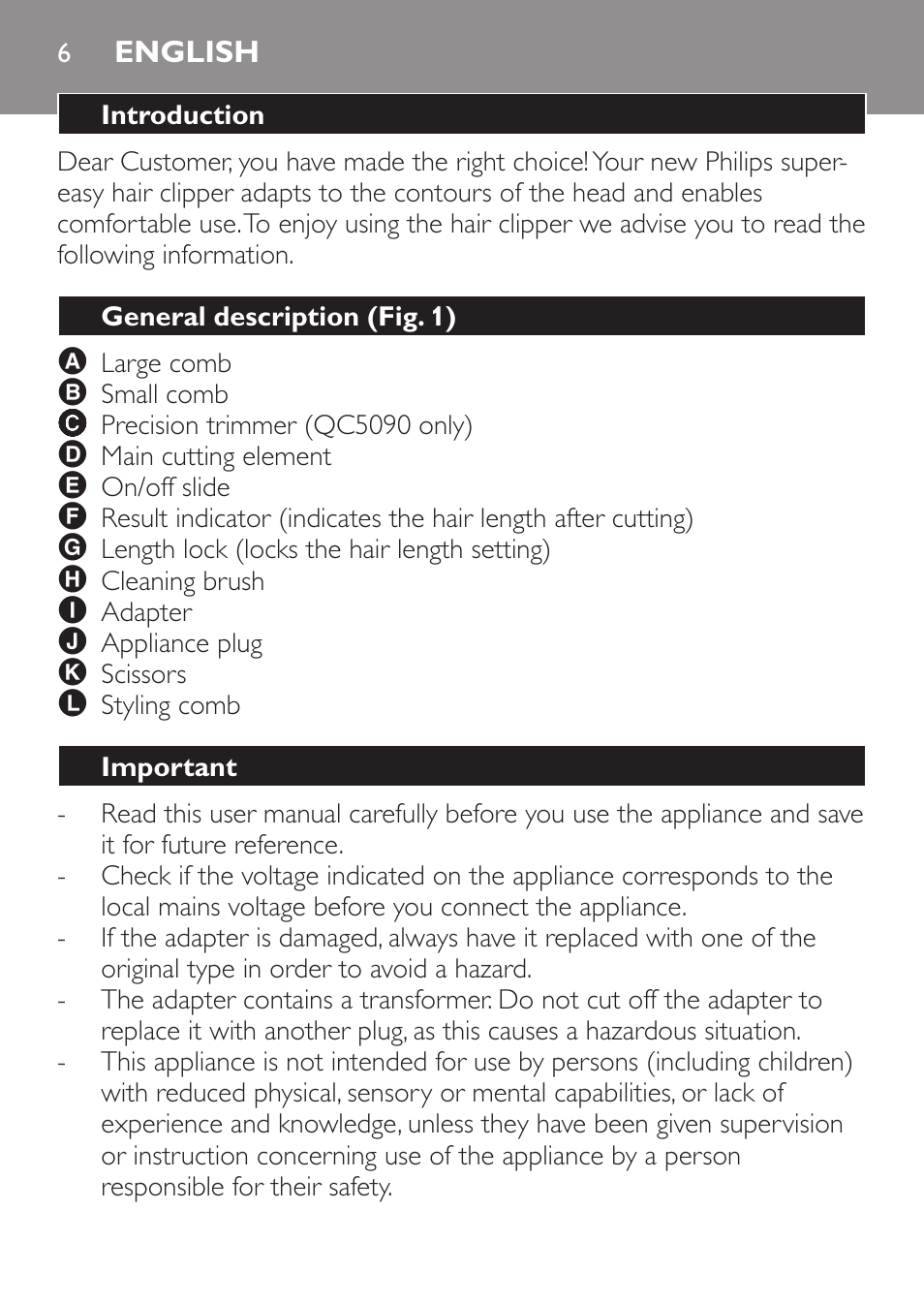 English, Introduction, General description (fig. 1) | Important | Philips QC 5070 User Manual | Page 6 / 112