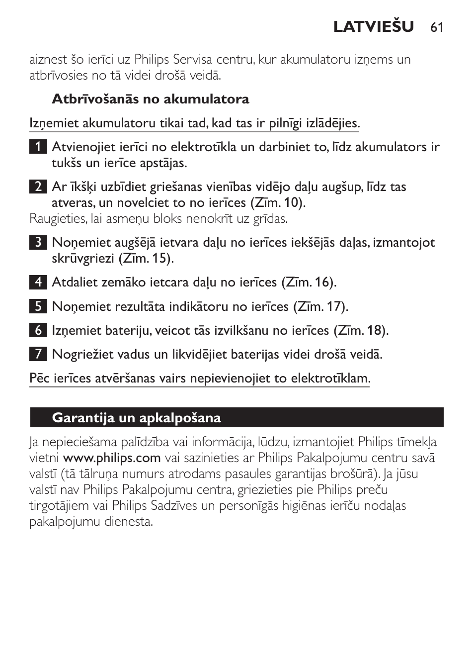 Atbrīvošanās no akumulatora, Garantija un apkalpošana | Philips QC 5070 User Manual | Page 61 / 112