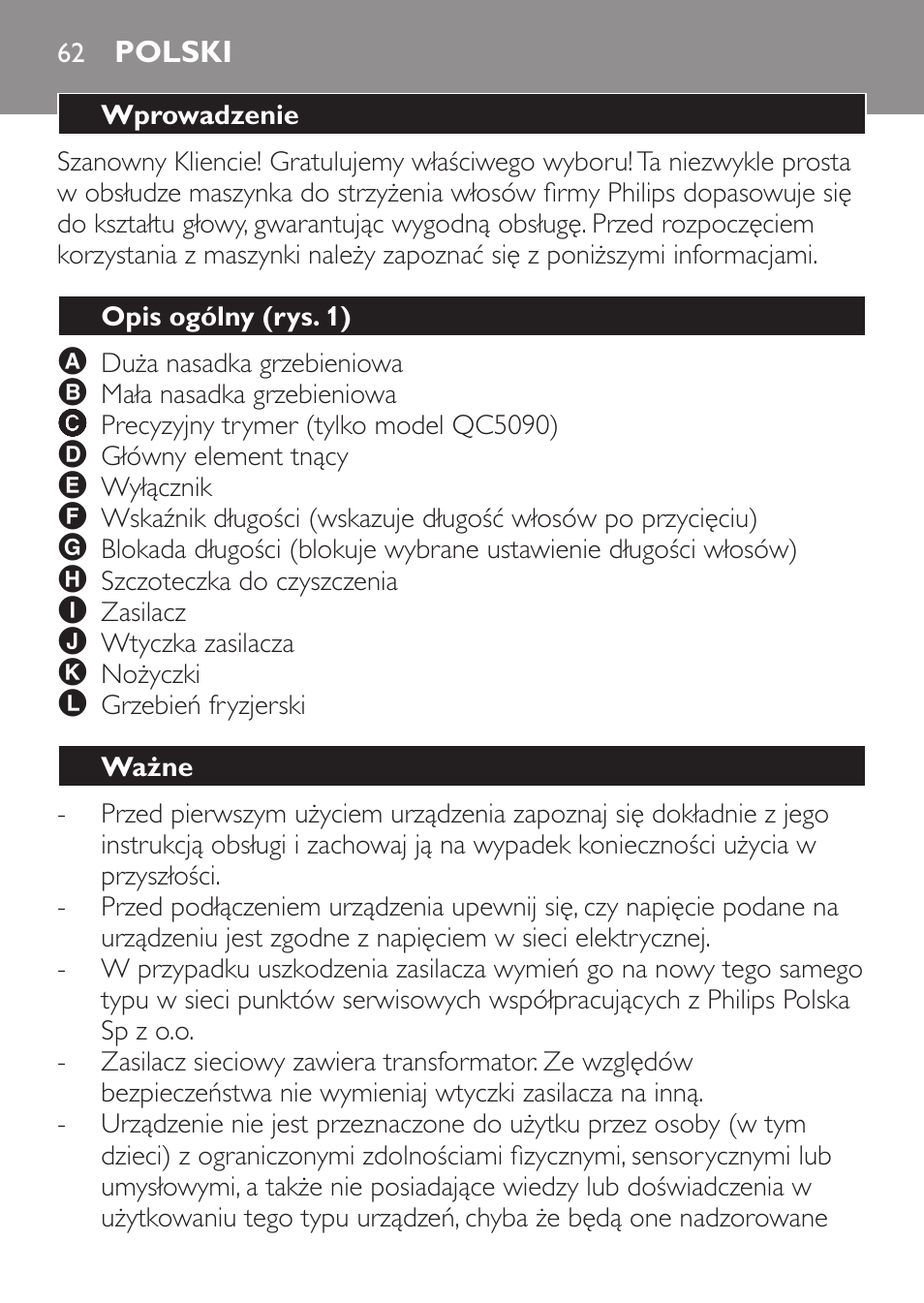 Polski, Wprowadzenie, Opis ogólny (rys. 1) | Ważne | Philips QC 5070 User Manual | Page 62 / 112