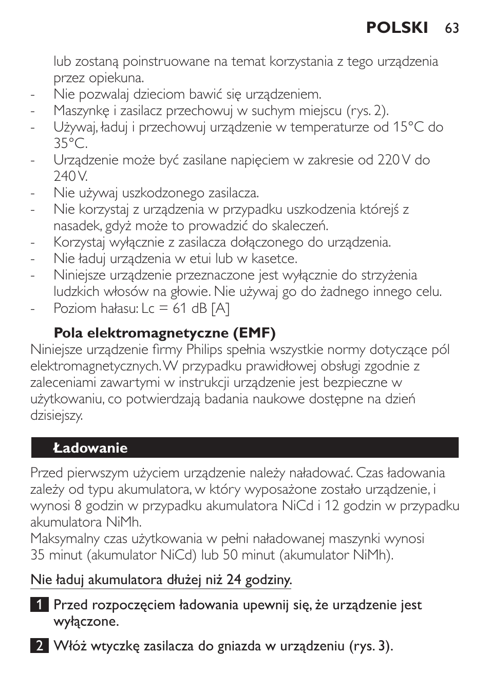 Pola elektromagnetyczne (emf), Ładowanie | Philips QC 5070 User Manual | Page 63 / 112