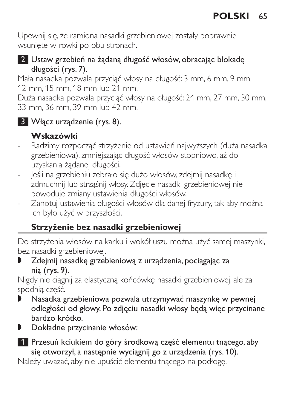 Wskazówki, Strzyżenie bez nasadki grzebieniowej | Philips QC 5070 User Manual | Page 65 / 112