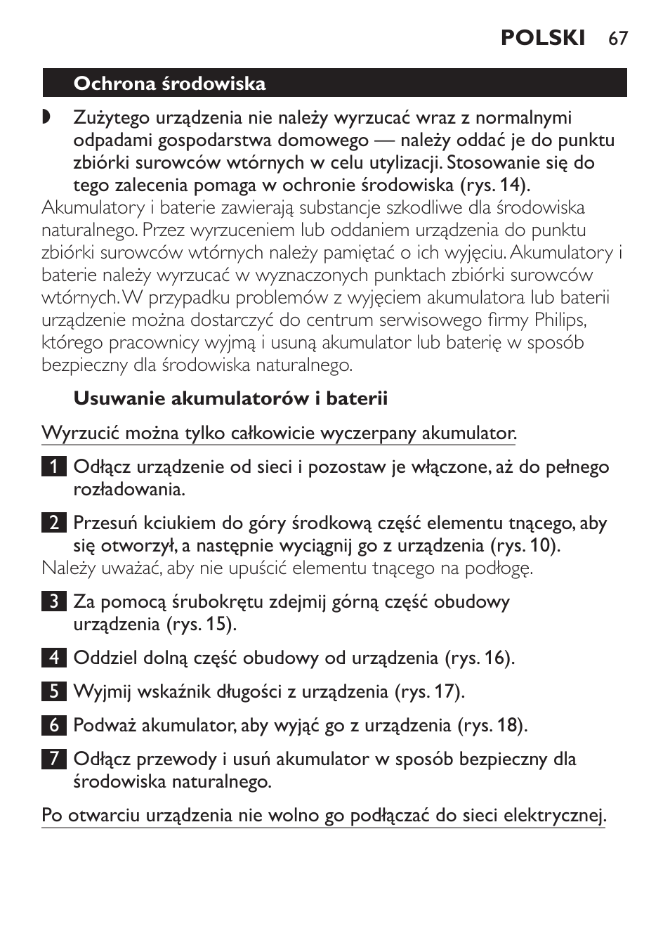 Usuwanie akumulatorów i baterii, Ochrona środowiska | Philips QC 5070 User Manual | Page 67 / 112