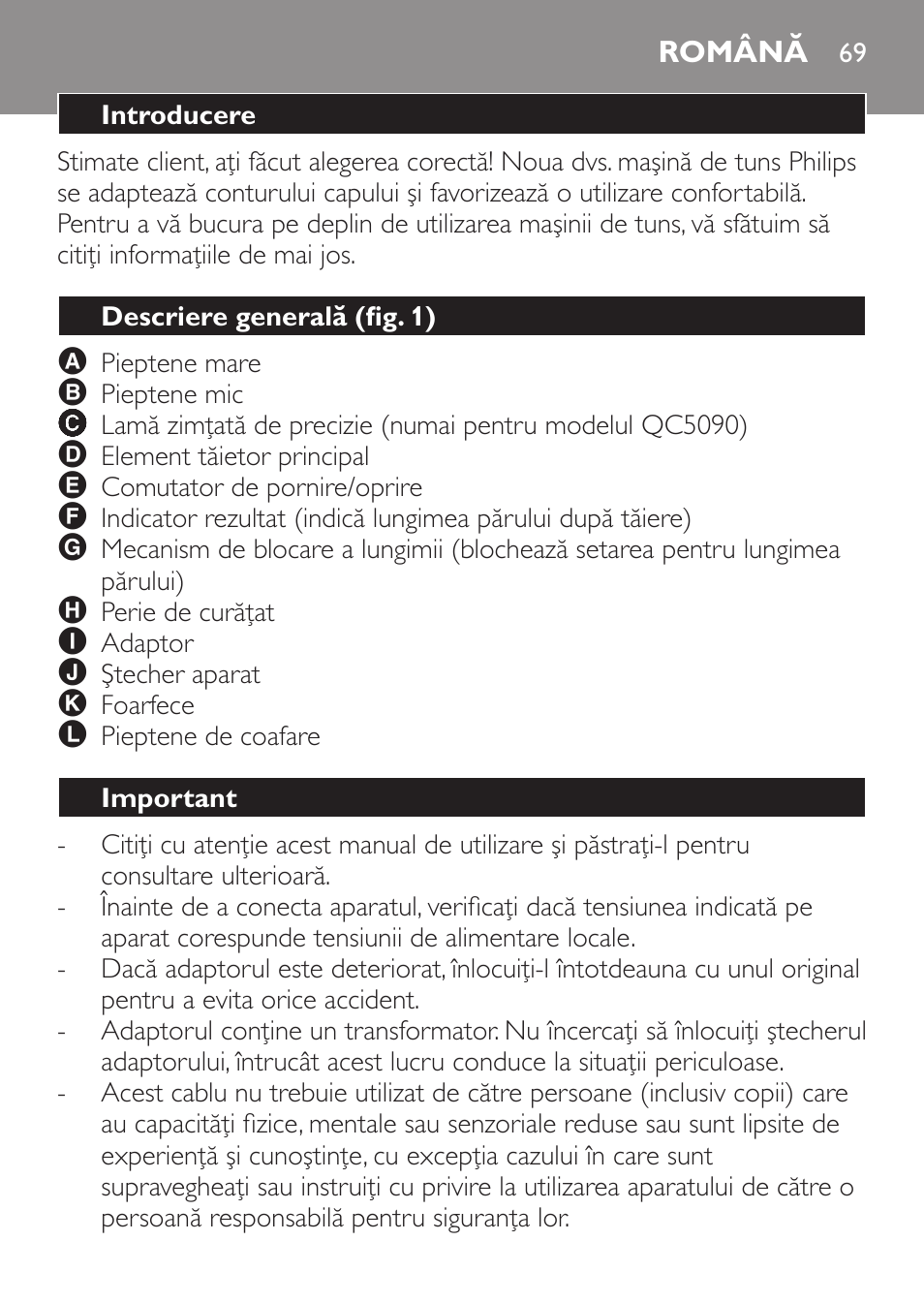 Română, Introducere, Descriere generală (fig. 1) | Important | Philips QC 5070 User Manual | Page 69 / 112