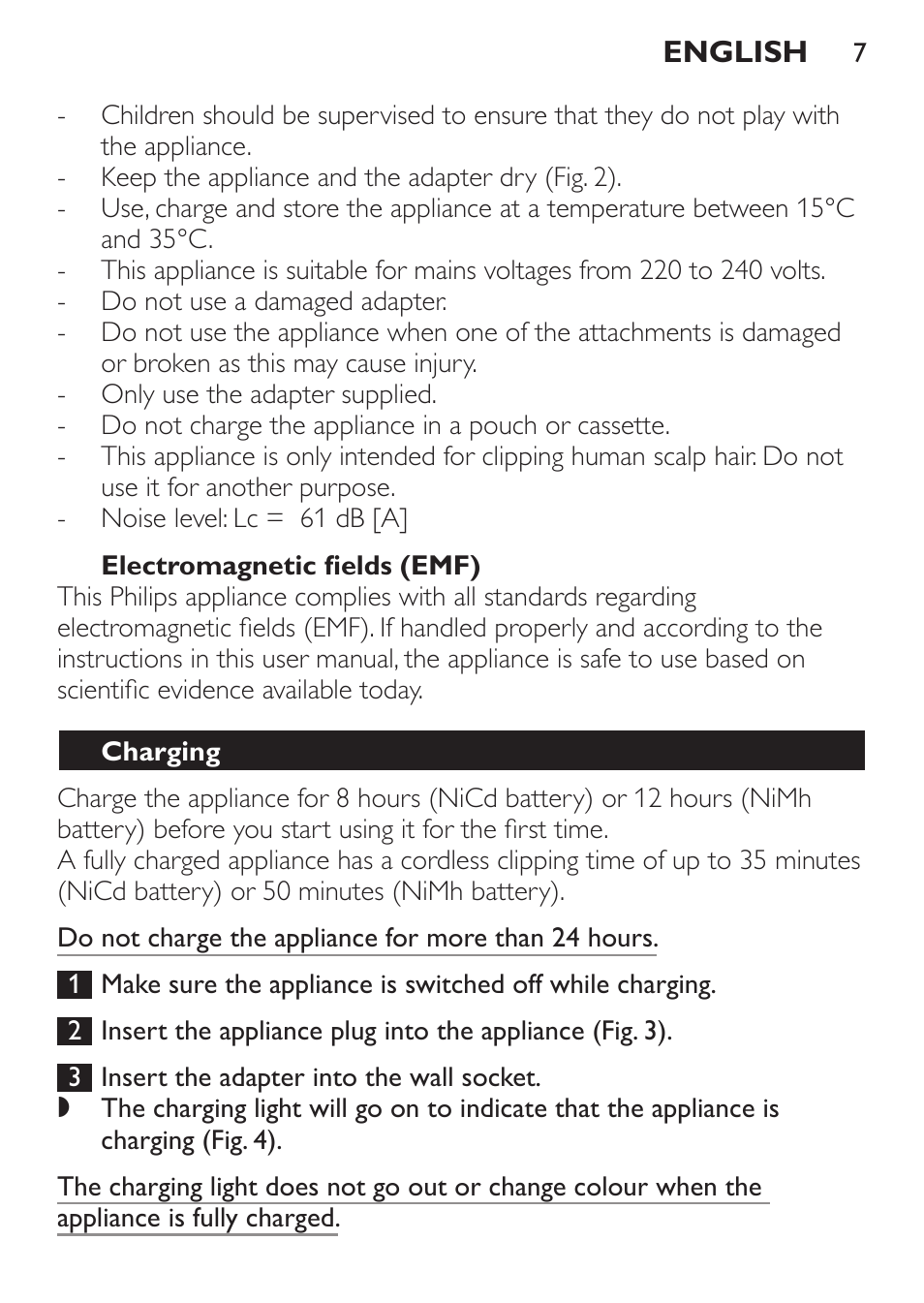 Electromagnetic fields (emf), Charging | Philips QC 5070 User Manual | Page 7 / 112