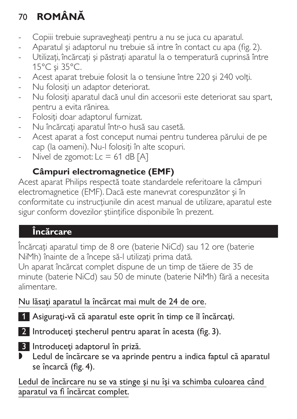 Câmpuri electromagnetice (emf), Încărcare | Philips QC 5070 User Manual | Page 70 / 112