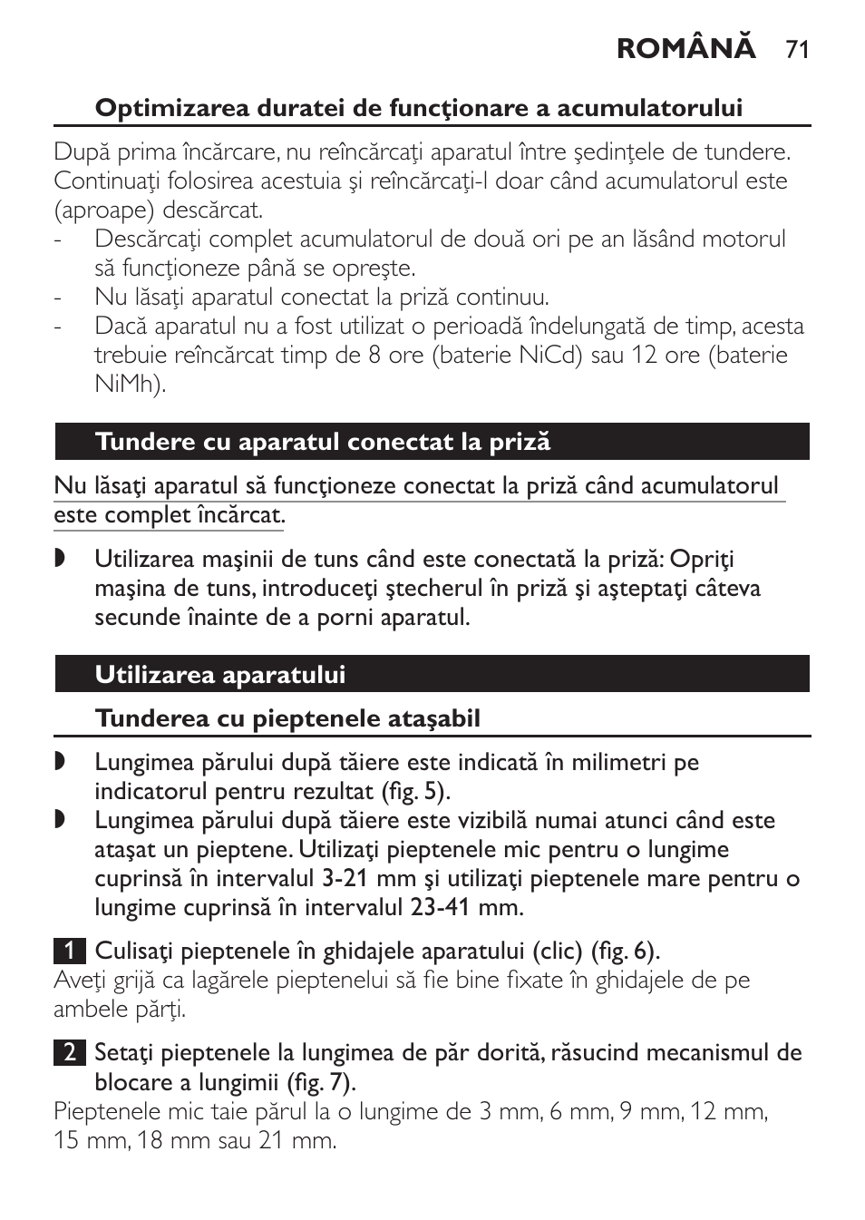 Tundere cu aparatul conectat la priză, Utilizarea aparatului, Tunderea cu pieptenele ataşabil | Philips QC 5070 User Manual | Page 71 / 112