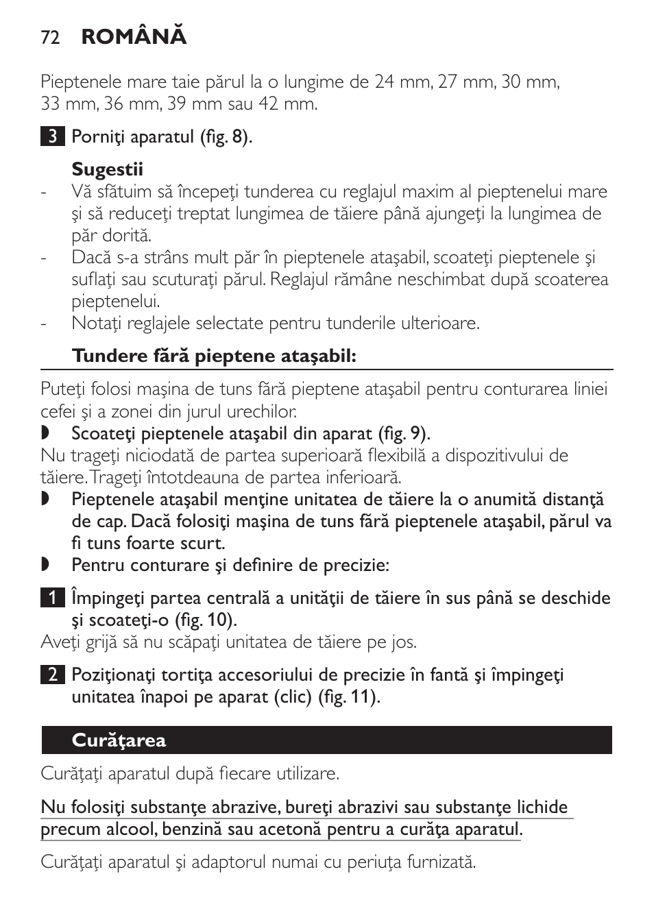 Sugestii, Tundere fără pieptene ataşabil, Curăţarea | Philips QC 5070 User Manual | Page 72 / 112