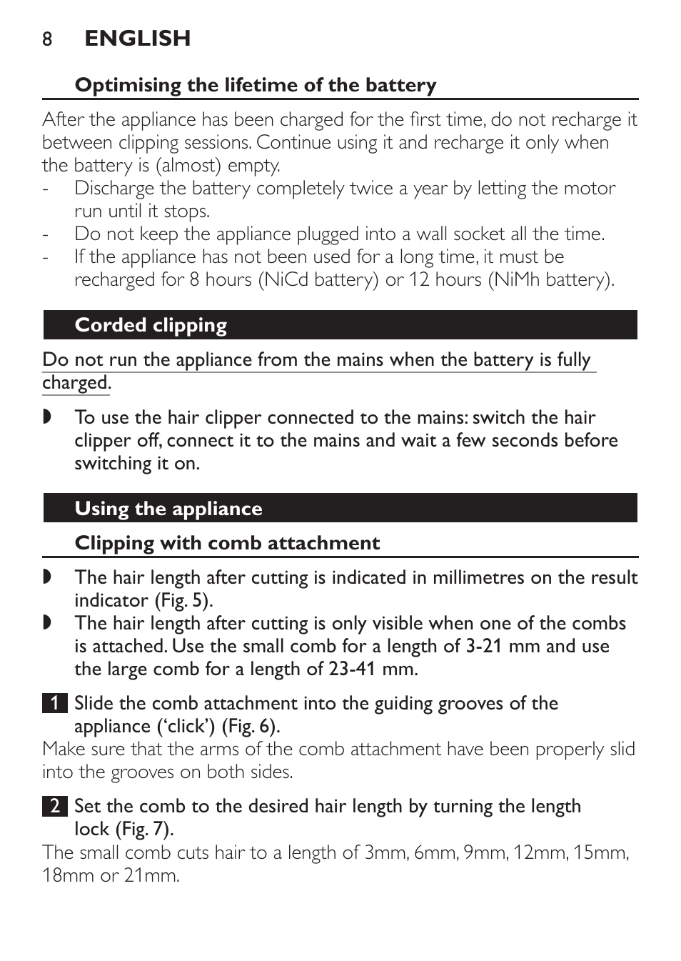 Optimising the lifetime of the battery, Corded clipping, Using the appliance | Clipping with comb attachment | Philips QC 5070 User Manual | Page 8 / 112