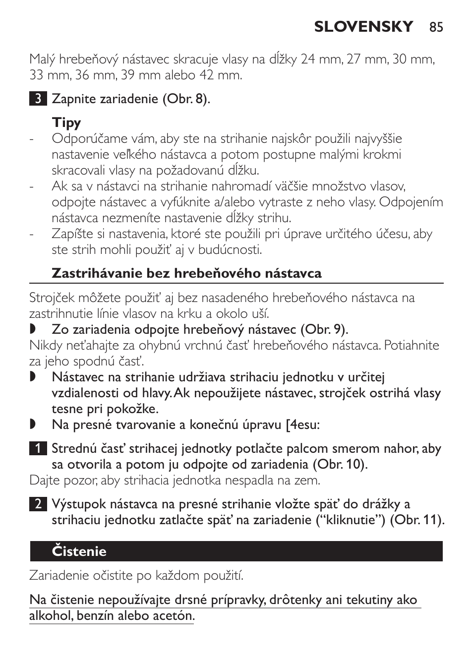 Tipy, Zastrihávanie bez hrebeňového nástavca, Čistenie | Philips QC 5070 User Manual | Page 85 / 112