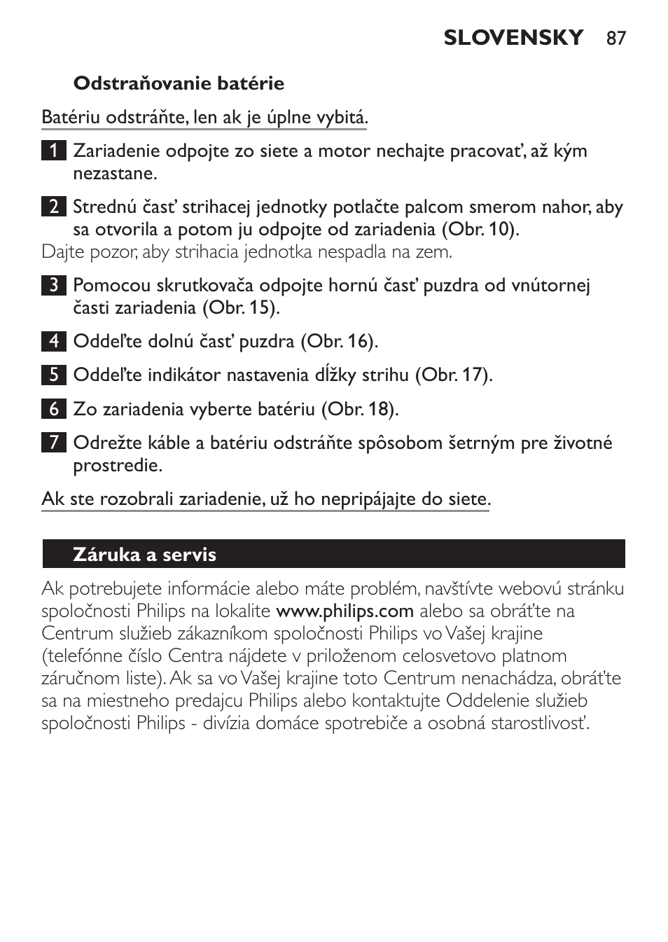 Odstraňovanie batérie, Záruka a servis | Philips QC 5070 User Manual | Page 87 / 112