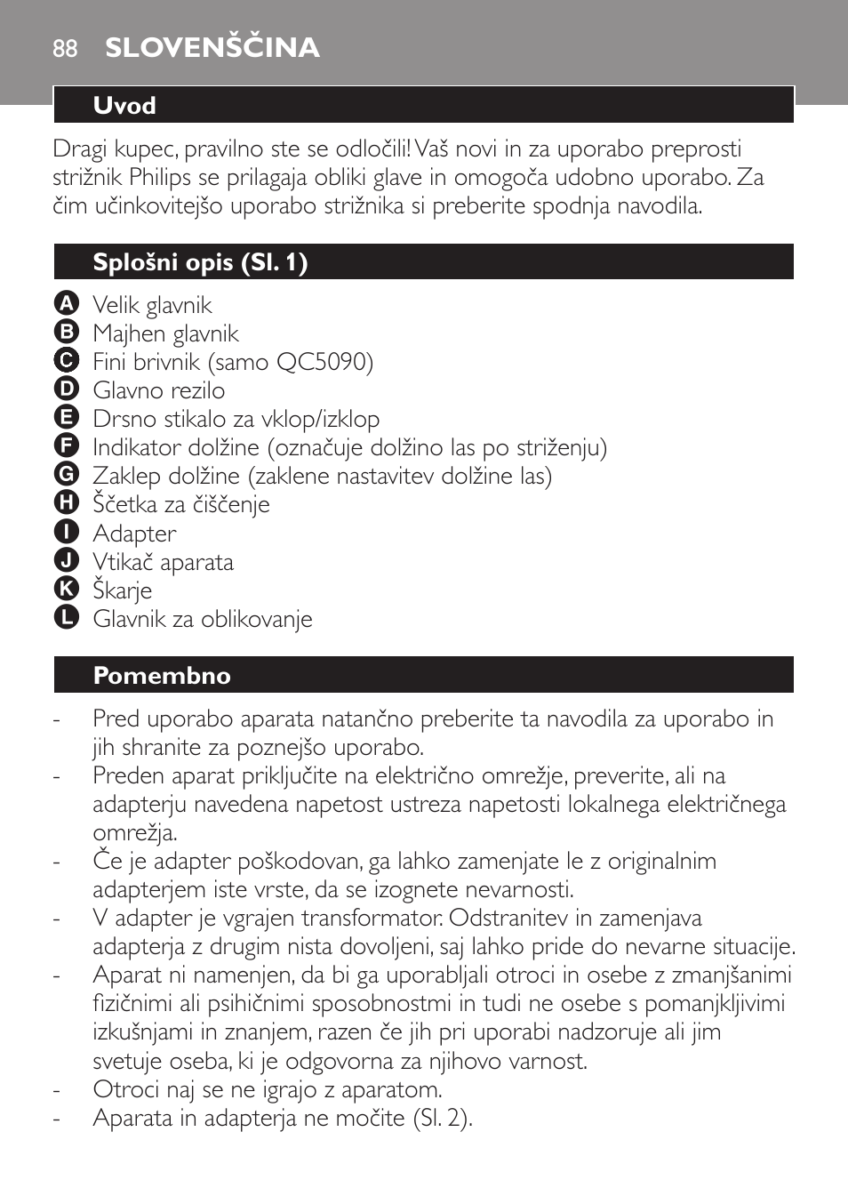 Slovenščina, Uvod, Splošni opis (sl. 1) | Pomembno | Philips QC 5070 User Manual | Page 88 / 112