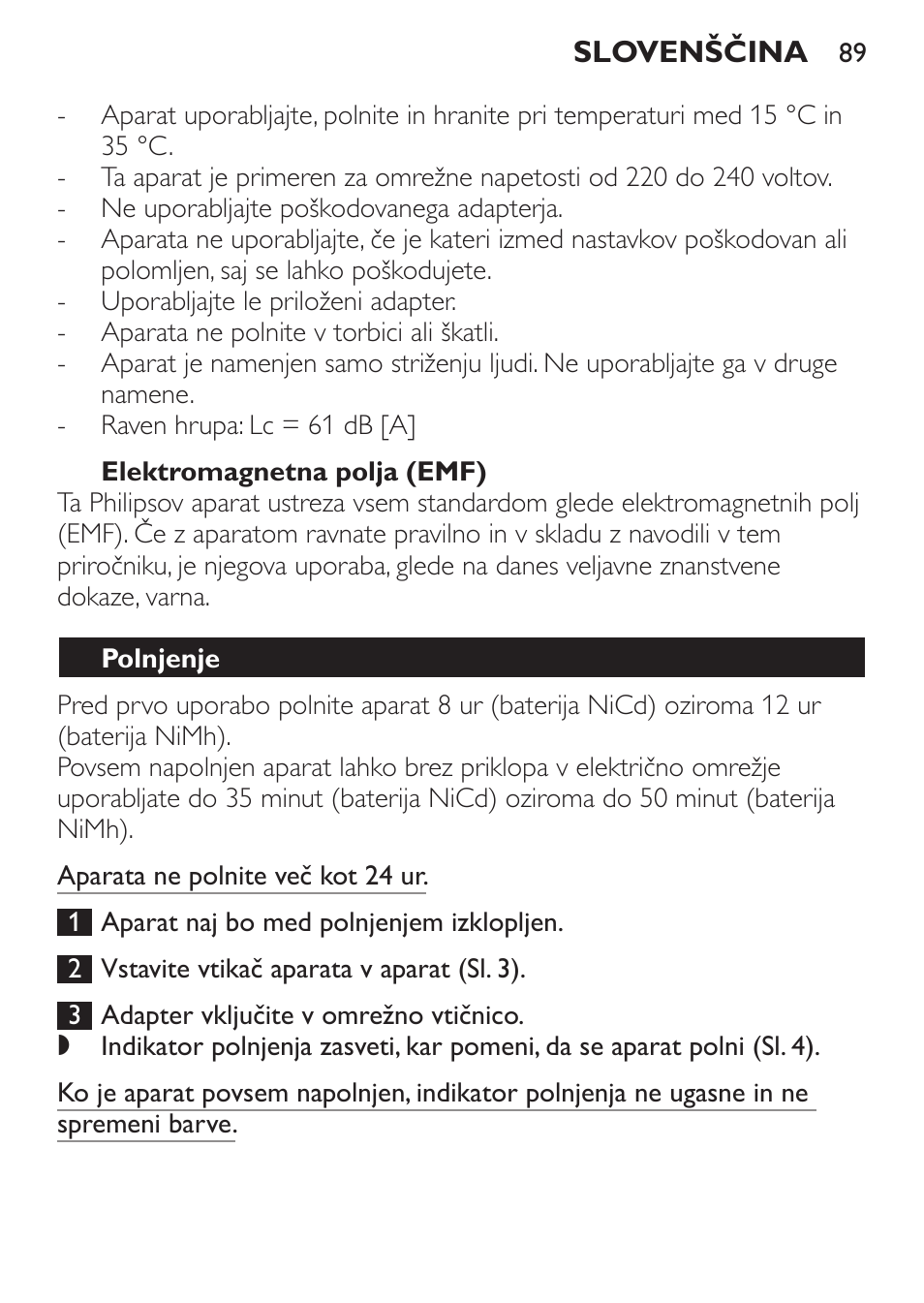 Elektromagnetna polja (emf), Polnjenje | Philips QC 5070 User Manual | Page 89 / 112