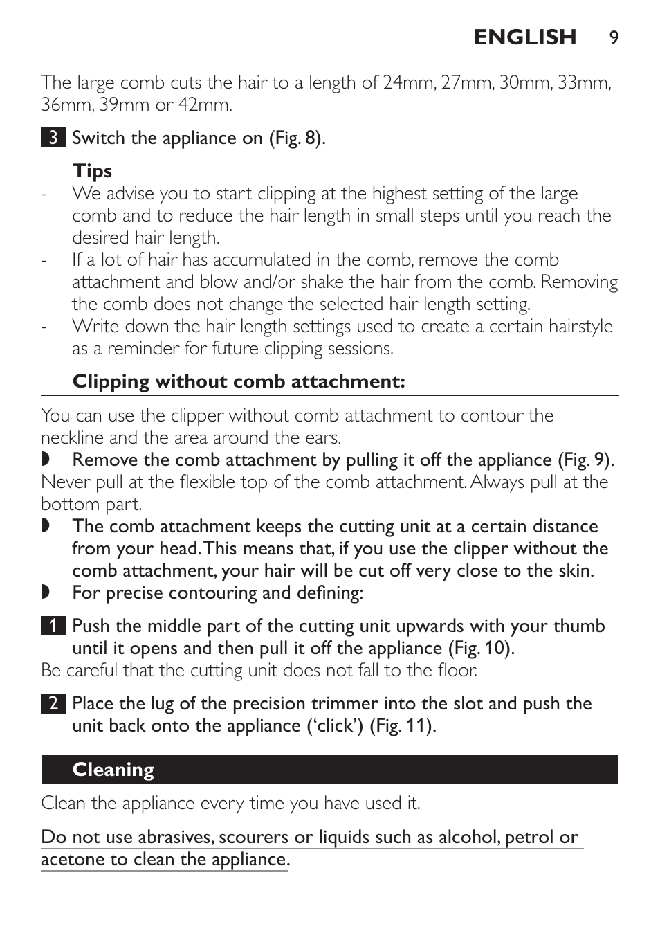 Tips, Clipping without comb attachment, Cleaning | Philips QC 5070 User Manual | Page 9 / 112