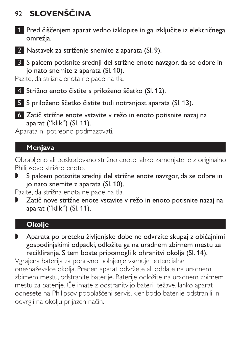 Menjava, Okolje | Philips QC 5070 User Manual | Page 92 / 112