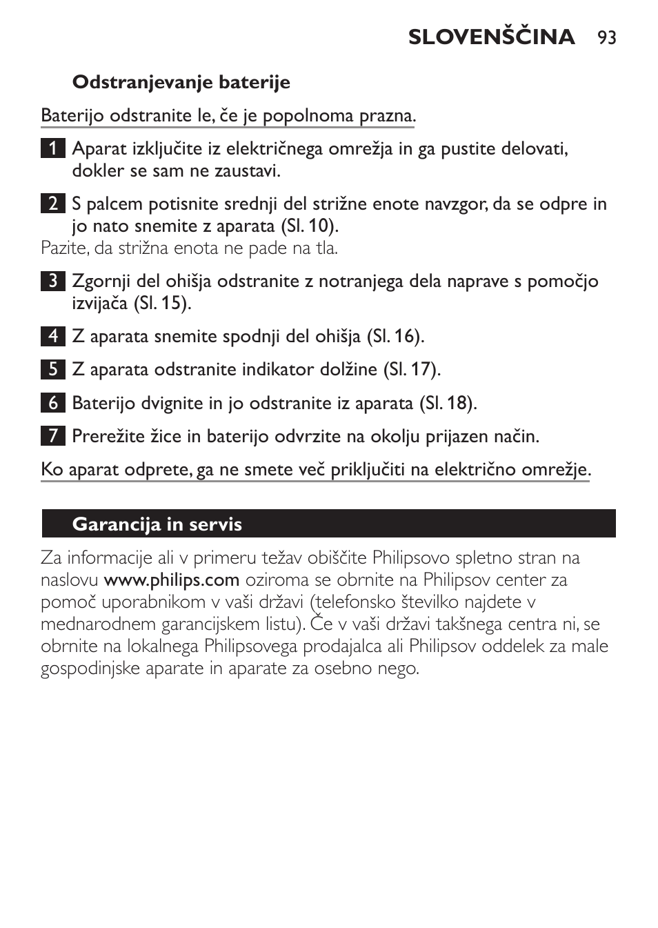 Odstranjevanje baterije, Garancija in servis | Philips QC 5070 User Manual | Page 93 / 112