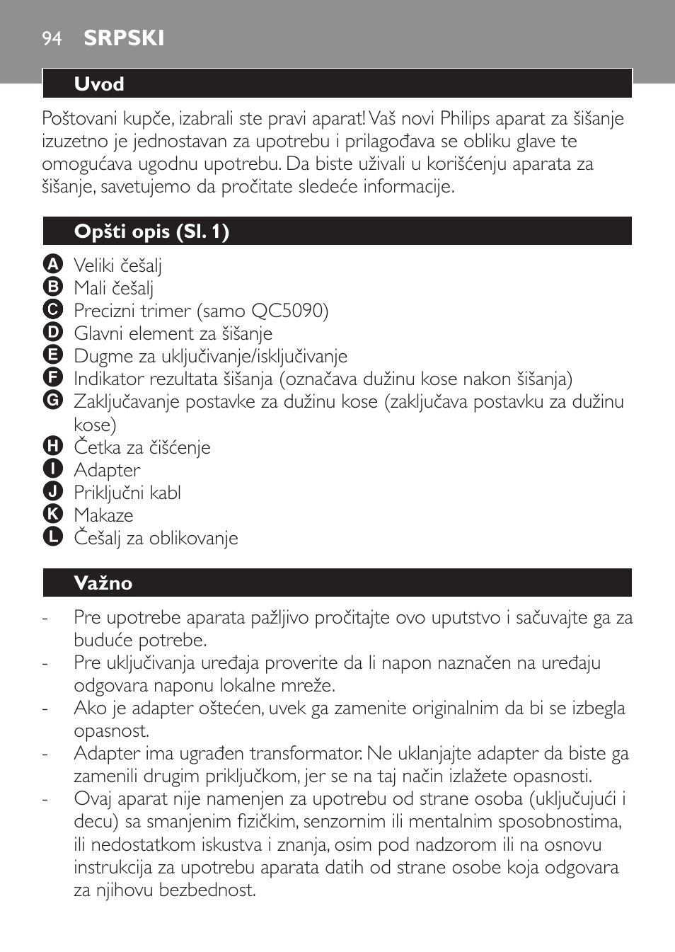 Srpski, Uvod, Opšti opis (sl. 1) | Važno | Philips QC 5070 User Manual | Page 94 / 112