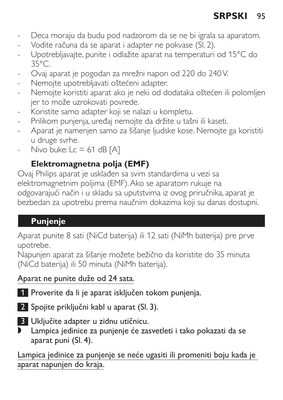 Elektromagnetna polja (emf), Punjenje | Philips QC 5070 User Manual | Page 95 / 112