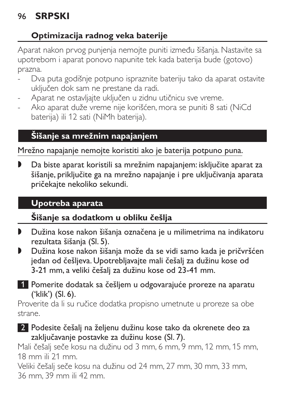 Optimizacija radnog veka baterije, Šišanje sa mrežnim napajanjem, Upotreba aparata | Šišanje sa dodatkom u obliku češlja | Philips QC 5070 User Manual | Page 96 / 112