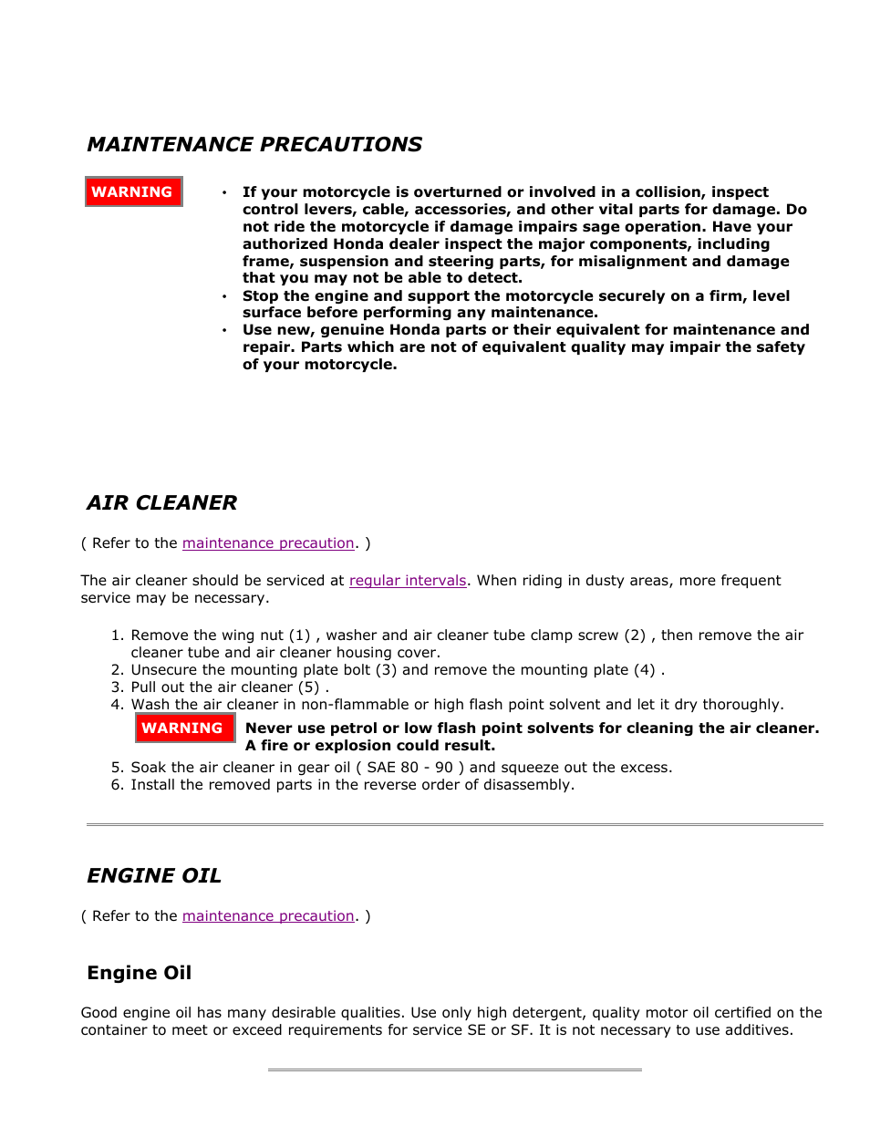 Maintenance precautions, Air cleaner, Engine oil | HONDA CT110 User Manual | Page 5 / 10
