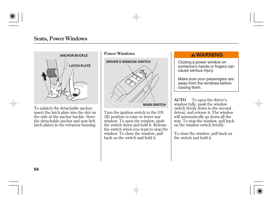 Seats, power windows | HONDA 31SAA610 User Manual | Page 100 / 282