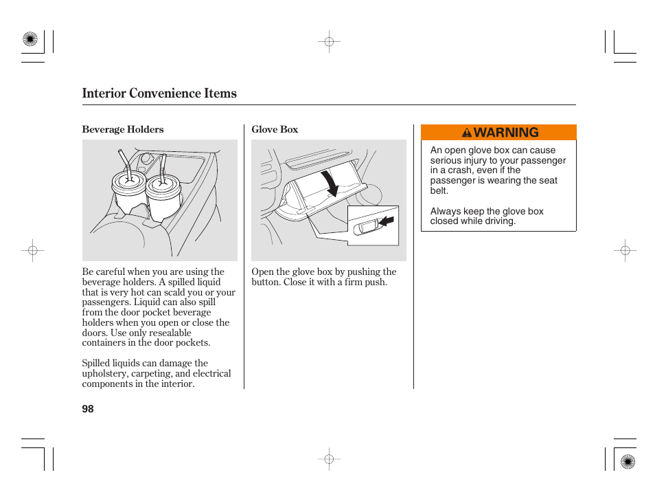 Interior convenience items | HONDA 31SAA610 User Manual | Page 104 / 282