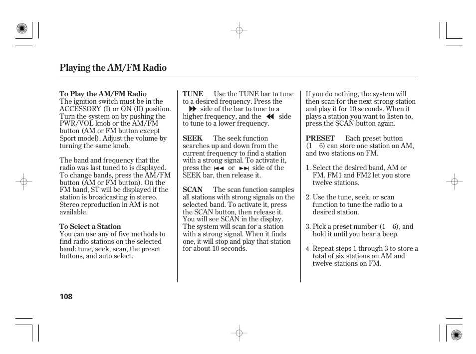 Playing the am/fm radio | HONDA 31SAA610 User Manual | Page 114 / 282