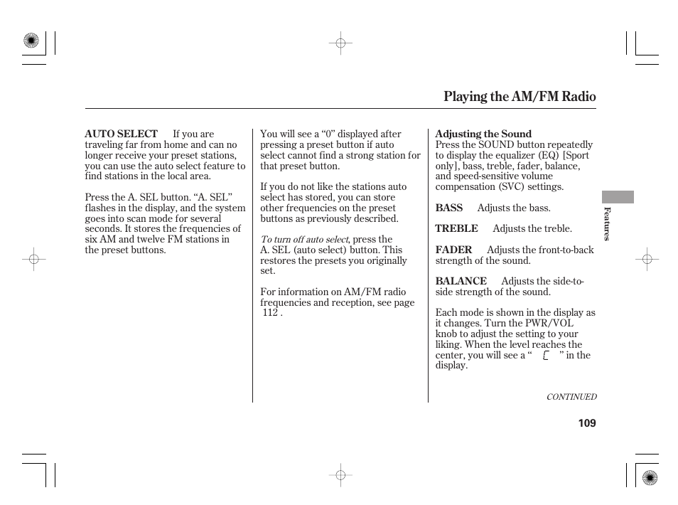 Playing the am/fm radio | HONDA 31SAA610 User Manual | Page 115 / 282