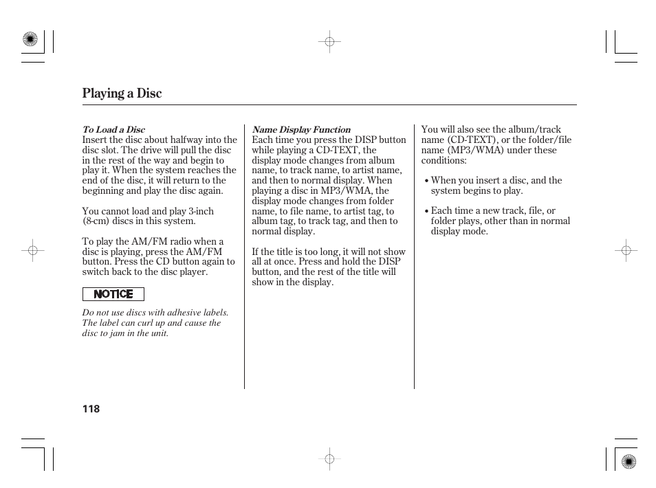 Playing a disc | HONDA 31SAA610 User Manual | Page 124 / 282